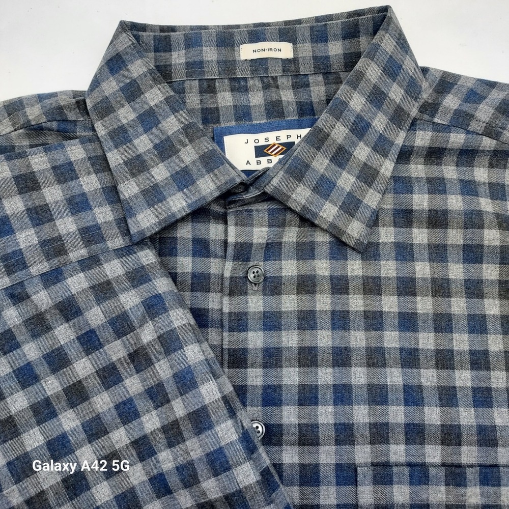 Joseph Abboud Mens XLT Non-Iron Cotton Button Down Shirt Blue Grey Gingham Check